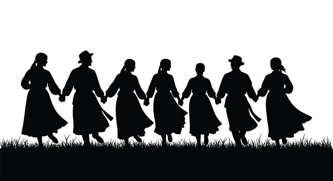 Lively group of people in folk costumes dancing together in a line while holding hands