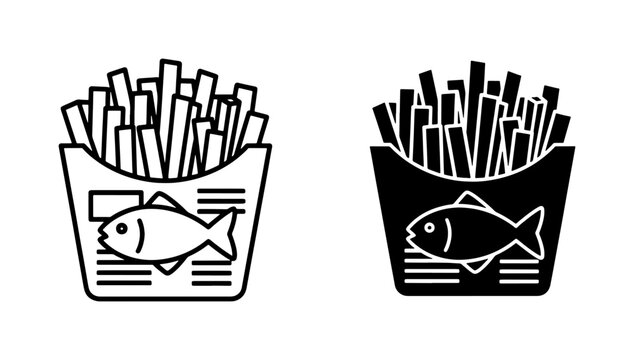Fish and chips icon set in black outline style