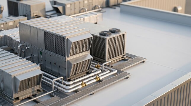 HVAC unit on building roof. Industrial cooling system with metal pipes and ventilation equipment. Commercial climate control technology for temperature regulation in modern facility.