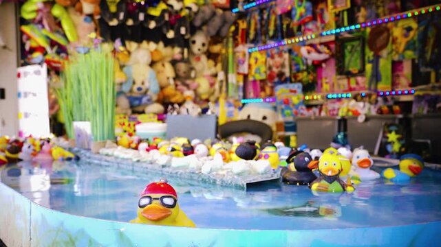 Jahrmarkt Entenangeln Spiel mit schwimmenden Gummienten und Preisen im Hintergrund Freizeit und Spa&szlig; Konzept
