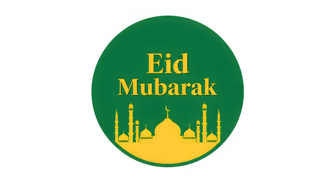 Eid Mubarak greeting card with mosque silhouette and green yellow colors transparent background