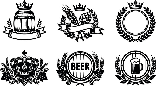 Black and white beer barrel crests with crowns and hops wreaths vector art