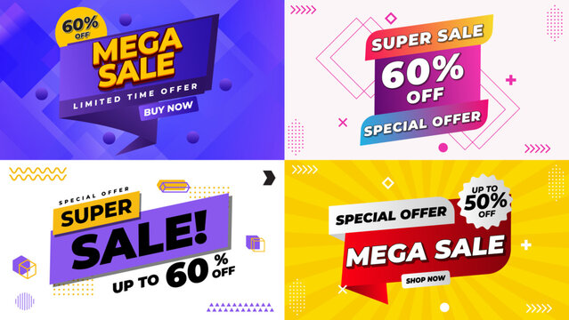 Mega sale and special offer text overlays with discount percentages, discount promotion, marketing advertising reduction announcement, and shopping clearance background illustration template.