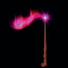 Naklejka premium Wooden magic wand with pink glowing, miracle stick with sparkle ray lights, wizard weapon rod fantasy game asset stuff