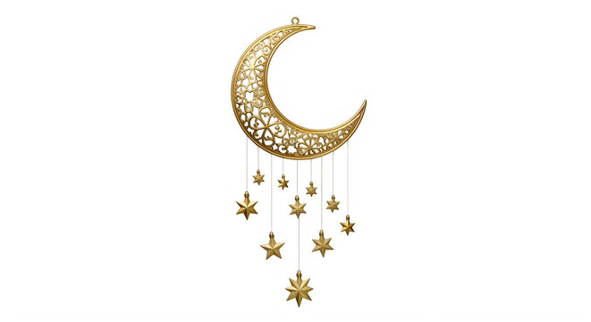 Golden crescent moon ornament with hanging stars isolated on transparent background transparent background