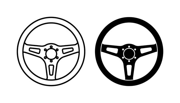 Racing steering wheel vector icons, black and white sports car steering wheel set, automotive performance parts for driving simulators and drift culture