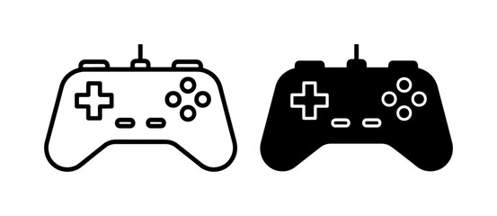 Minimalist video game controller icons, black line and solid silhouette gamepad vector set, modern gaming console joystick symbols for UI design © Imtiaz