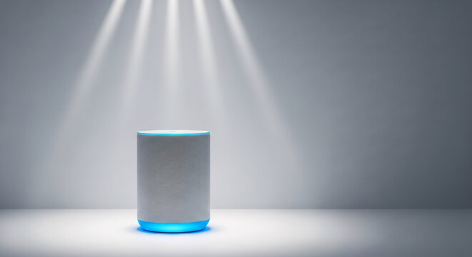 Modern smart speaker with blue light glowing on minimal background