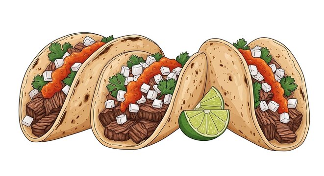 Three delicious beef tacos with lime, salsa, and cheese vector graphic illustration