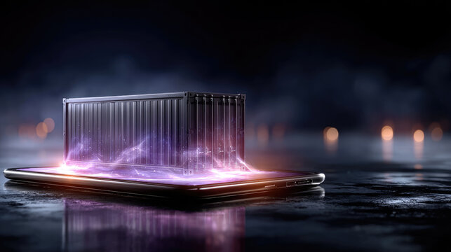 Holographic shipping container rising from a tablet screen, illustrating digital logistics, smart global supply chain, virtual freight tracking and automated e commerce transport solutions