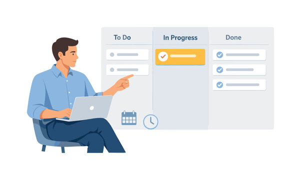 A professional maintaining clear digital task segmentation in a structured workflow, seated with a laptop while interacting with a simple divided panel layout and