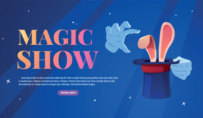 Naklejka premium Magic show banner vector design, magician hat with hare inside, ears stick out, vector cartoon illusionist focus trick