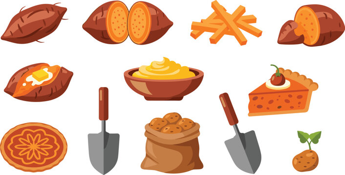 Sweet Potato and Yam Vector Icon Set Featuring Baked Potato with Butter, Fries, Mashed Sweet Potatoes, Pie Slice, Garden Trowel, and Harvest Sack for Culinary Designs