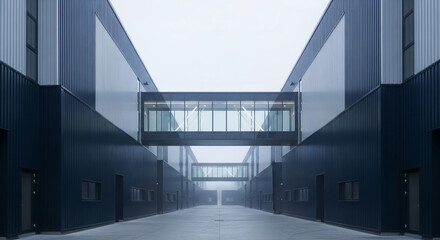 Obraz premium Modern industrial complex with elevated glass skybridge