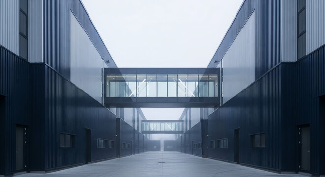 Modern industrial complex with elevated glass skybridge