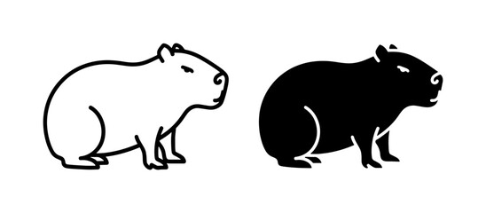 Obraz premium Capybara line art and solid black silhouette icon set