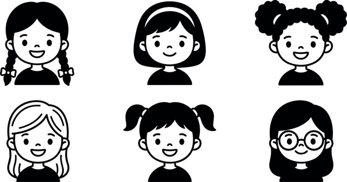 Smiling girls with varied hairstyles black and white vector art set