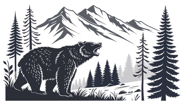 Vector illustration of a roaring grizzly bear in the mountains with mountain wilderness landscape adventure