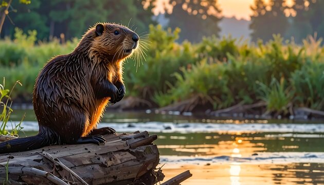 Wild Beaver Standing On A Wooden Log Near Water During Golden Hour With Warm Sunlight Rimming Its Wet Fur And Soft Bokeh Background