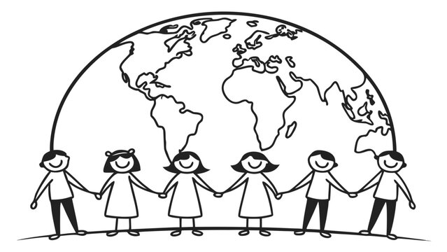 Vector illustration of diverse children holding hands around the world globe with children, diversity