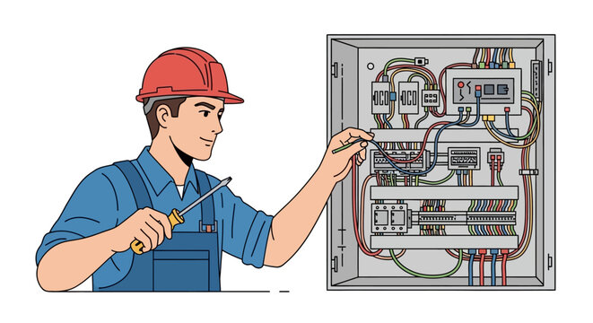 Electrician in hard hat working on electrical panel wiring