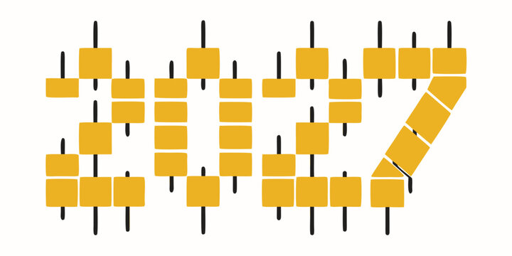 2027 Block Grid Art &ndash; Modern Yellow Geometric Year Design, Minimal Pixel‑Style Abstract Typography Poster for Contemporary Decor