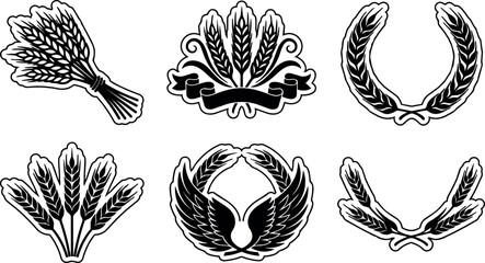 Fototapeta premium Black and white wheat ears and laurel wreath vector art set with ribbon and wings