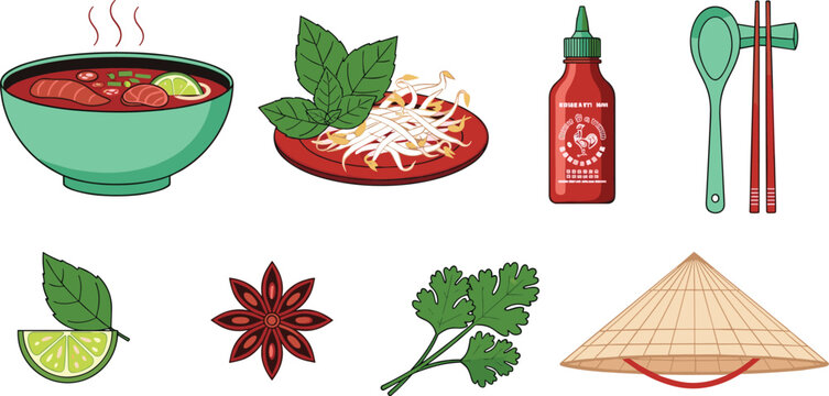 Vietnamese Pho Noodle Soup Vector Icon Set Featuring Sriracha Sauce, Conical Hat, Star Anise, Lime, Herbs, and Chopsticks for Restaurant Branding and Menus