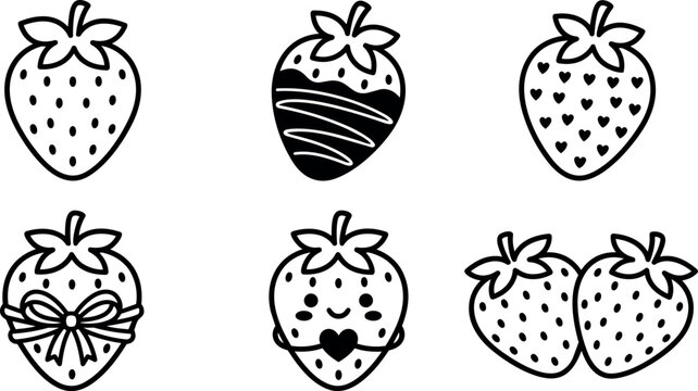Black and white line art strawberry designs with hearts ribbons and smile