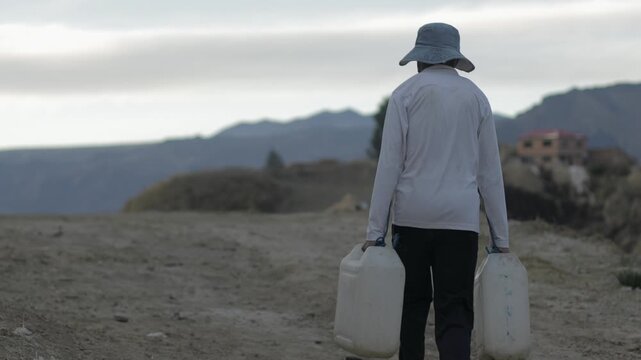 A close-up of a young man, struggling to carry two full jerrycans across the mountains.