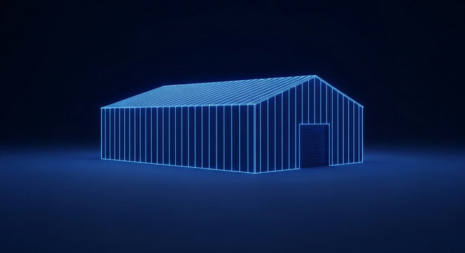 Neon blue outline of a modern building on a dark background