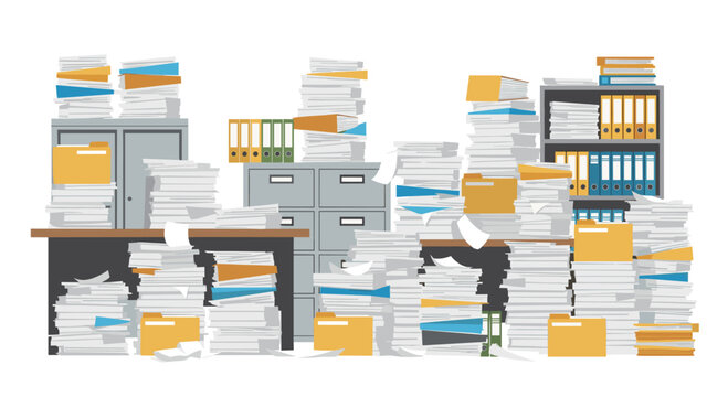A chaotic office environment is filled with overwhelming mountains of white paper and numerous filing cabinets overflowing with yellow and blue document folders.