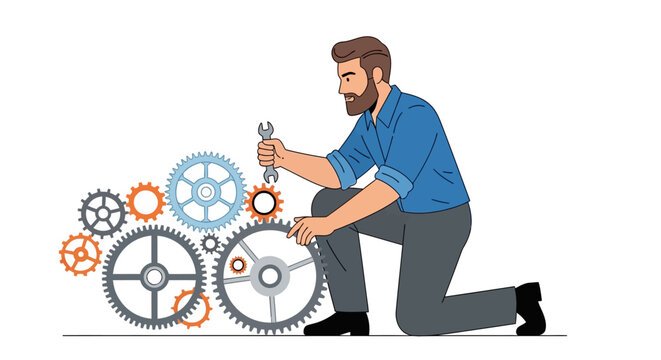 Man fixing gears with a wrench in a mechanical illustration
