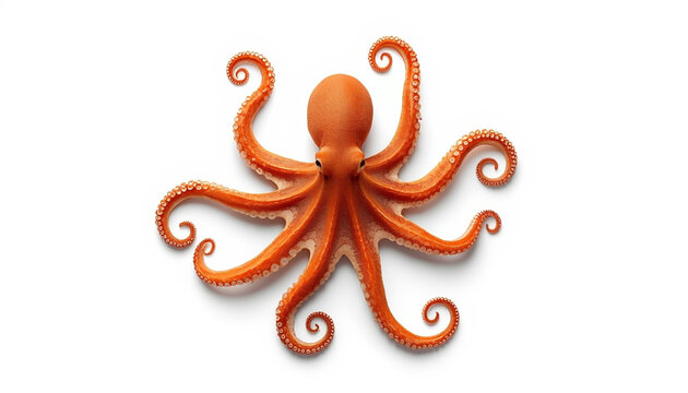 Orange octopus marine animal with extended tentacles and suction cups isolated on white