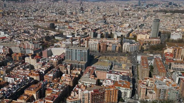 Aerial view around the downtown of the capitol city Barcelona, on a sunny spring day.