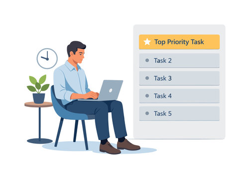 A professional maintaining clean digital prioritization in a structured daily routine, seated with a laptop while interacting with a simple ranked list panel and