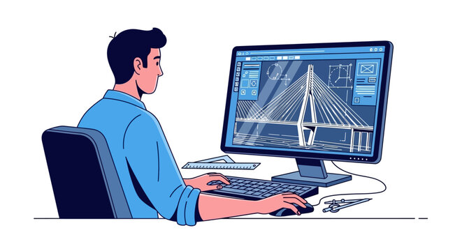 Engineer designing bridge structure using CAD software on desktop computer