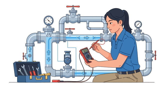 Female technician inspecting industrial pipes with multimeter in workshop