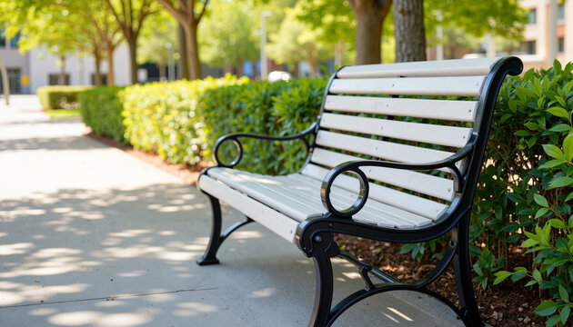 Photorealistic image of a metal bench with backrest cutouts in urban park  
