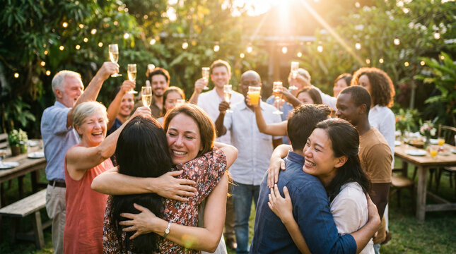 A diverse group of happy friends and family celebrate at an outdoor garden party. Women hug in the foreground while others raise glasses to toast in the warm sunset light.