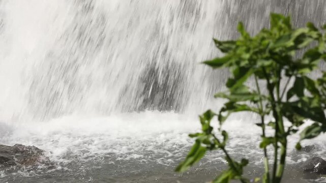 A beautiful close-up view of a waterfall cascading over dark, textured rocks. Green grass and moss grow on the wet stone surface as the water continuously flows downwards.

