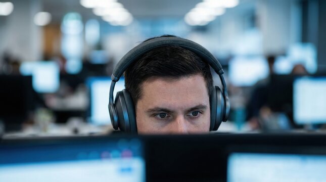A man wearing over-ear headphones looks intently at a computer monitor. The busy office background suggests deep concentration and productivity. Ideal for tech, business, and remote work themes.