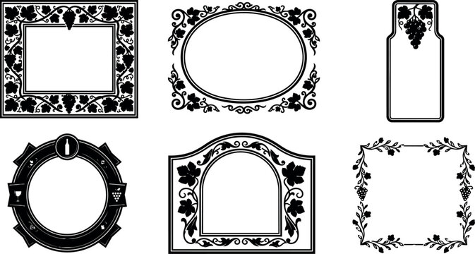 Black and white grapevine frame and label vector art set with ornamental leaves
