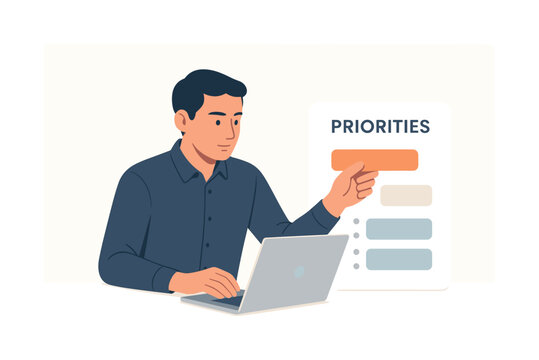 A professional maintaining focus by organizing workspace priorities in a calm routine, seated with a laptop while arranging a minimal priority ranking panel with simple