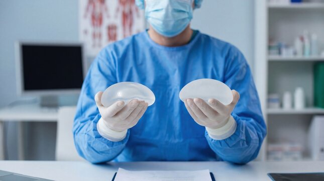 A male surgeon in blue scrubs and a mask holds two silicone breast implants in a clinical setting. Medical equipment and anatomical charts are visible in the background.