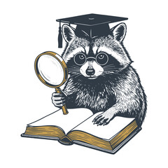 Intelligent raccoon wearing a graduation cap reading a book with a lens for vector illustration. © Vectonic Wave