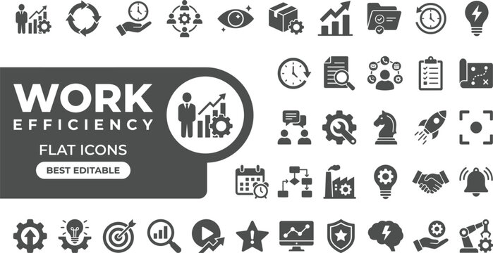  Work efficiency flat icon set featuring business productivity, workflow, time management, optimization, teamwork, and speed performance vector symbols