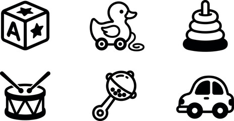 Fototapeta premium Black and white baby toy icons including block duck drum rattle car and stacking rings