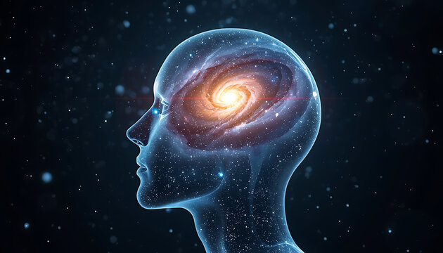 Human brain floating in space with glowing stars and cosmic background