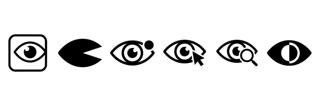 Eye and visibility icon set for user interface with symbols for search, click, and new notifications